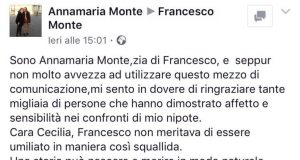 Francesco Monte: la zia Annamaria posta un messaggio su Facebook