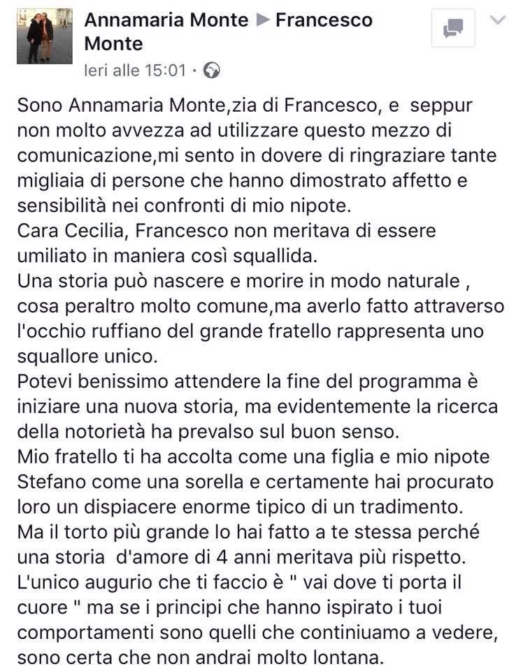 Francesco Monte: la zia Annamaria posta un messaggio su Facebook Francesco Monte: la zia Annamaria posta un messaggio su Facebook