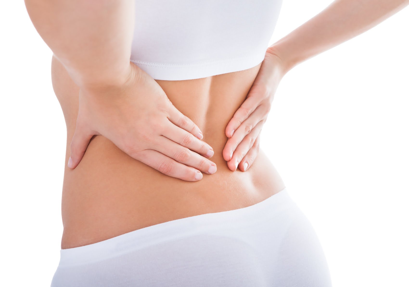 Young Woman With Pain In Her Back Over White Background